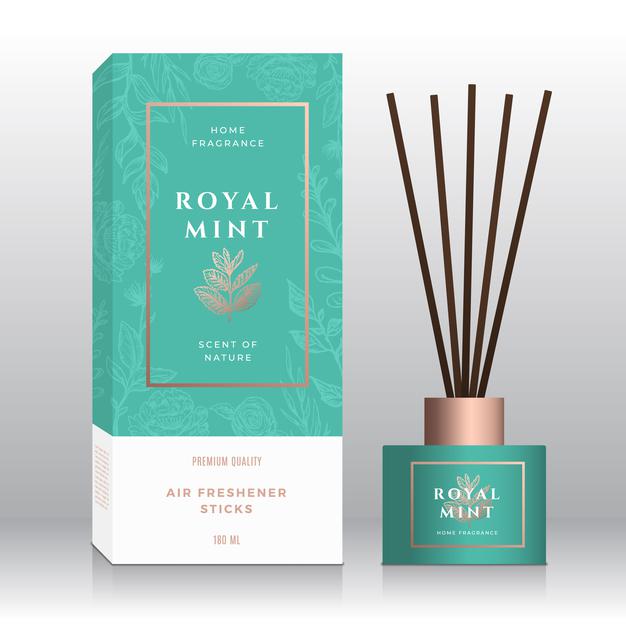 mint-branch-home-fragrance-sticks-abstract-label-box-template-hand-drawn-sketch-flowers-leaves-background-retro-typography-room-perfume-packaging-design-layout-realistic-mockup_167715-1555